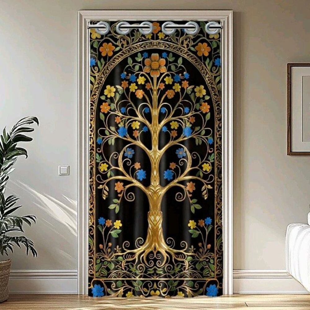 Tree of Life Floral Blackout Door Curtain 100x200cm Black/Gold Grommet Top